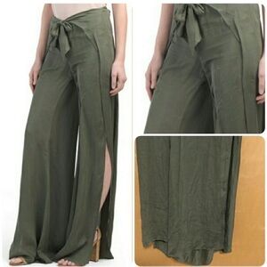 Haute Hippie flowy Olive Green Wide-Leg Pants NWOT